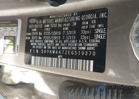 2014 Kia Sorento Limited V6 from USA, damaged, VIN 5XYKW4A72EG519370